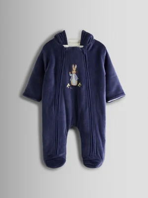 JoJo Maman Bébé Navy Peter Rabbit Velour Appliqué Pramsuit - Size Newborn