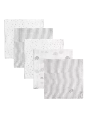 JoJo Maman Bébé Newborn Embroidered Muslin Cloths, Pack of 5, White/Grey - White/Grey / 0-1m
