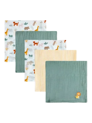 JoJo Maman Bébé Safari Embroidered Muslin Cloths, Pack of 5, Green/Multi - Green/Multi