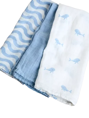 JoJo Maman Bébé Whale Stripe Muslin Cloth, Pack of 3, Mid Blue