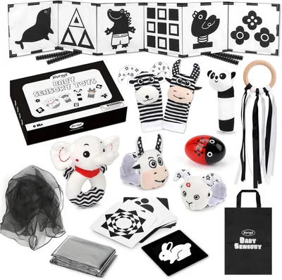 Joyreal Baby Sensory Toys, 13 Pcs Black and White Sensory Toys 0-6 Months, Foil Blanket, Sensory Cards, Baby Rattles, Ribbon Ring, Scarf, Maracas, Newborn Toys Sensory Box 0-3 Months Gifts - Small