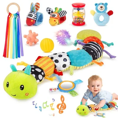 Joyreal Baby Toys 0-6 Months, 10pcs Newborn Sensory Toys Set, Baby Musical Caterpillar Toys, Rattles, Ribbons, Baby Essentials Sensory Box, Newborn Gifts for 3 6 9 12 Months