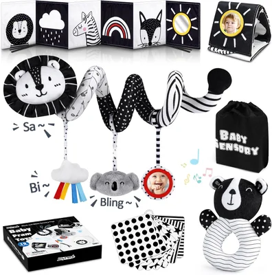 Joyreal Spiral Pram Toys for Babies - Black and White High Contrast Newborn Toy, Car Seat, Rattles, Sensory Cards, Baby Books 0-12 Months Gifts for Girls Boys