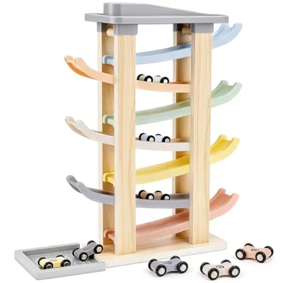 Joyreal Wooden Car Ramp Toy - Montessori Toys for 1 2 3 Years Old, Ramp Racer Toy Vehicle Set with 8 Mini Cars & Race Tracks & Car Garage, Toddler Travel Toys Gifts for Boys Girls - Multicolored / 42cm (L) x 22cm (W) x 12cm (H)