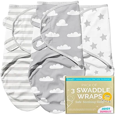 Juicy Bumbles Swaddle Blanket 0-3 Months - 100% Cotton Baby Swaddle Wrap Newborn - Set of 3 Swaddles - Baby Essentials for Newborn Boy and Girl - Stars and Clouds / Small: 0-3 Months