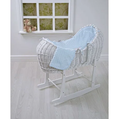 Kiddies Kingdom Deluxe Kiddy-Pod White Wicker Moses Basket-Blue Dimple + Free Rocking Stand Worth£25!