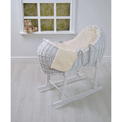 Kiddies Kingdom Deluxe Kiddy-Pod White Wicker Moses Basket-Blue Dimple + Free Rocking Stand Worth£25! - Cream
