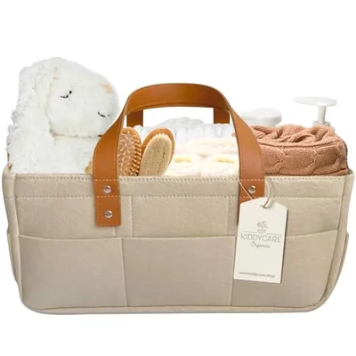 KiddyCare Woven Diaper Nappy Caddy Basket with Handle Lid | Diaper Caddy Basket with Dividers for Baby Boy/Girl, Diaper Tote Bag for Bady Storage for Car | Baby Nursery Canvas Caddy | Gray Regular