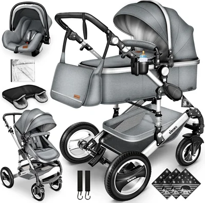 KIDUKU® 3 in 1 Pram Complete Set | Combi Pushchair Set incl. Carrycot Buggy Car-Baby Shell Footmuff | Fully Rubber Wheels Nappy Bag Raincover Child Tray ECE R129