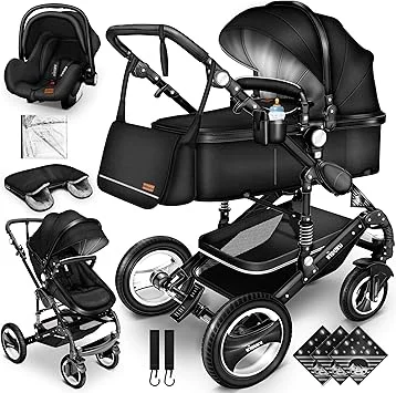 KIDUKU® 3 in 1 Pram Complete Set | Combi Pushchair Set incl. Carrycot Buggy Car-Baby Shell Footmuff | Fully Rubber Wheels Nappy Bag Raincover Child Tray ECE R129