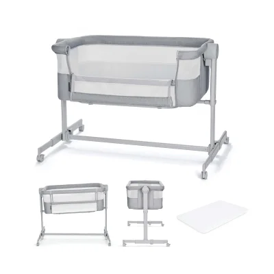 KINDERKRAFT Neste UP 2 Co-Sleeping Cot, Baby Cot with Birth Mattress, Height Adjustment, Easy to Fit Parent's Bed, Adjustable Feet, Light Grey
