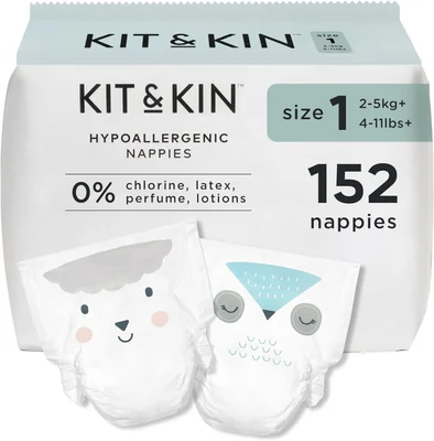 Kit & Kin Premium Baby Nappies Size 1 | Newborn 2-5 kgs / 4-11 lbs | Pack of 152 Nappies | Plant-Based Materials On Baby's Skin | Hypoallergenic | Superior Leak Protection