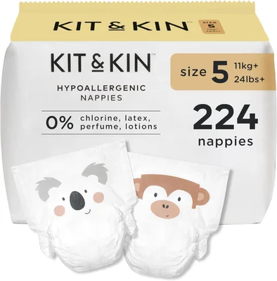 Kit & Kin Premium Baby Nappies Size 1 | Newborn 2-5 kgs / 4-11 lbs | Pack of 152 Nappies | Plant-Based Materials On Baby's Skin | Hypoallergenic | Superior Leak Protection