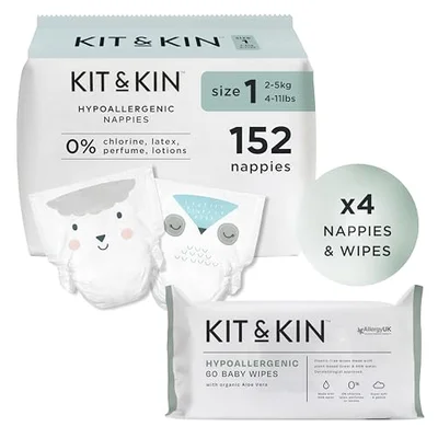 Kit & Kin Size 1 Newborn Starter Pack, 4 Nappy Packs & 4 Baby Wipes Packs - White / Size 1 (152 Nappies, 240 Wipes)