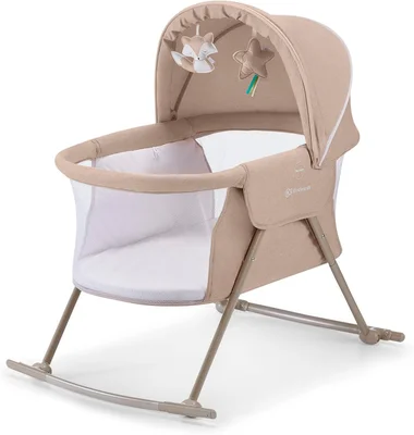 kk Kinderkraft Baby Crib 3 in 1 LOVI, Cradle, Travel Cot, Rocker, Easy Folding and Unfolding, Adjustable Canopy, with Accessories, Mattress Cover, Included Toys, Transport Bag, for Newborn, 0-9 kg, Beige - Beige