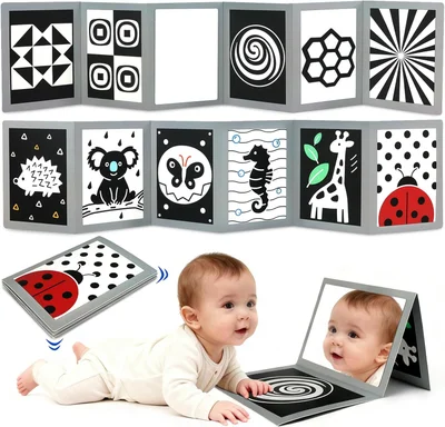 KUANGO Black and White High Contrast Tummy Time Mirror Toys Newborn Toys 0 6 Months Brain Development Infant Stimulating Sensory Baby Book 0-3 3-6 2 4 5 Months Old Baby Boy Girl Gifts - 0-6m