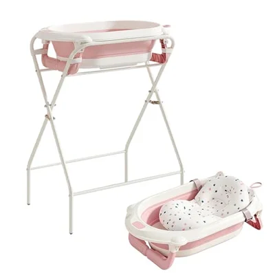 Kynorva Foldable Baby Bathtub with Stand, Water Thermometer & Support Pillow, Ergonomic Tub for Newborn to 12 Months (Pink) - Pink