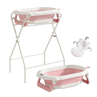 Kynorva Foldable Baby Bathtub with Stand, Water Thermometer & Support Pillow, Ergonomic Tub for Newborn to 12 Months (Pink)
