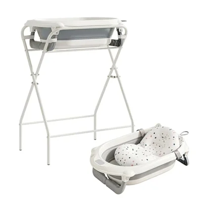Kynorva Foldable Baby Bathtub with Stand, Water Thermometer & Support Pillow, Ergonomic Tub for Newborn to 12 Months (Pink) - Grey