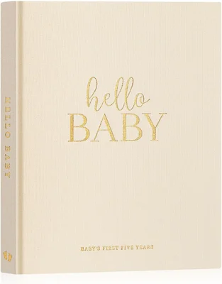 Lanpn Hello Baby First 5 Year Memory Book for Boy Girl - Linen Hardcover Baby Book Keepsake for New Parents - Newborn Baby Journal Scrapbook Photo Album Baby Milestone Book (Beige, 154 Pages)
