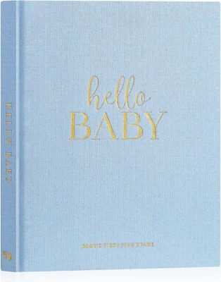 Lanpn Hello Baby First 5 Year Memory Book for Boy Girl - Linen Hardcover Baby Book Keepsake for New Parents - Newborn Baby Journal Scrapbook Photo Album Baby Milestone Book (Beige, 154 Pages)