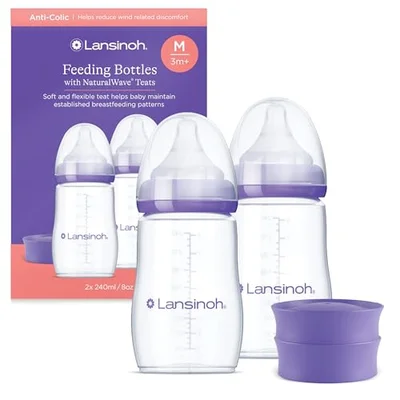 Lansinoh Anti Colic Baby Bottle - 2 Pack 240 ml - NaturalWave® Teats Reduces Nipple Confusion - BPA & BPS-Free Breastfeeding Bottle Feeding Stackable Lid Fridge Freezer Milk Storage Feeding Bottles