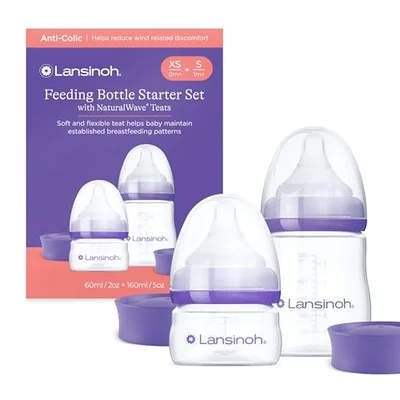 Lansinoh Anti Colic Baby Bottle Starter Set - 60ml & 160ml + XS & S Teats - Purple