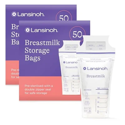 Lansinoh Breast Milk Storage Bags Breastmilk Pouches for fridge or freezer use, store flat or standing, BPA and BPS free, pre-sterilised, double zipper seal, Pack of 100