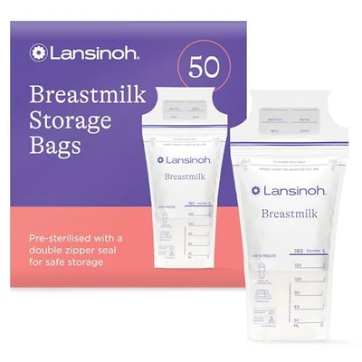 Lansinoh Breast Milk Storage Bags Breastmilk Pouches for fridge or freezer use, store flat or standing, BPA and BPS free, pre-sterilised, double zipper seal, Pack of 100