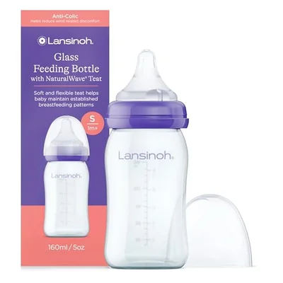 Lansinoh Glass Baby Bottle + NaturalWave™ Slow Flow Teat with Anti Colic Air Vent - 160ml - Breastfeeding Bottle Feeding: Clinically Proven to Reduce Nipple Confusion - Glass / 1 count (Pack of 1)
