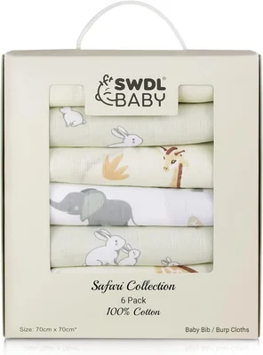 Large Baby Muslin Cloths - 100% Cotton Muslin Squares (Pack of 6, 70 x 70 cm) | Soft, Absorbent & Breathable | Perfect as Baby Bibs & Burp Cloths | Safari Collection - Safari Edition Baby Muslins
