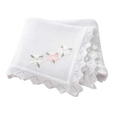 LAWKUL Baby Blanket 100% Traceable Cotton Knit Receiving Blankets Soft Swaddle for Newbron Boy Girls 100X80cm (White Floral) - White / 100x80cm