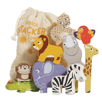 Le Toy Van - Wooden Petilou Africa Stacker & Bag Educational Balancing Activity Toy for 18m+, 9 pieces