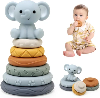 LEADSTAR Stacking Baby Toys Silicone, Elephant Silicone Soft Stack Rings, Teether for Baby, Early Development & Activity Sensory Toys for Babies, Toddlers & Infant, Gifts for Girls-7 PCS Teething Set