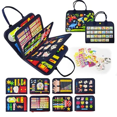 LearnToy Montessori Busy Board for Boys 3+ Year, Sensory Toys for Toddlers 3-5, Ideal for Travel and Preschool - ABCs, 123s, Shapes, Colors, Animals, Weather, Birthday Gifts - Navy Blue