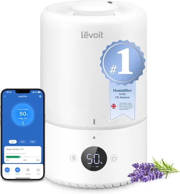 Levoit Smart Cool Mist Top Fill Humidifiers for Bedroom with Sensor, Auto Humidity Setting, APP & Voice Control, Essential Oil Diffuser, 20dB Ultra Quiet Operation, Super Easy Top Fill, 3L, White