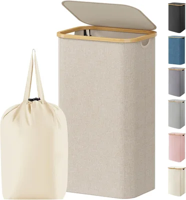 Lifewit 100L Laundry Basket with Lid, Dirty Clothes Bin with Bamboo Handles and A Removable Bag, Large Foldable Washing Basket for Bedroom, Bathroom, Dorm, Laundry Room, Beige - Beige / 100L