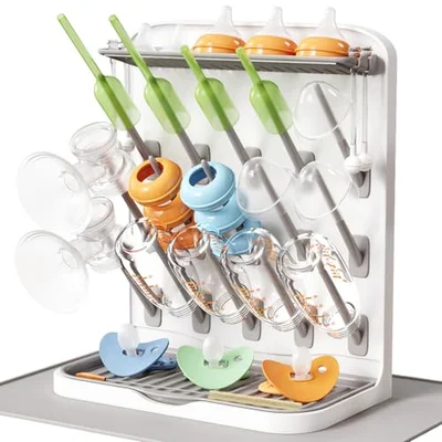 Lifewit Large Baby Bottle Drying Rack with Drain Mat, 15 Hooks Vertical Rack Dryer with Removable Pacifiers Box, Drip Tray, Space Saving Countertop Holder Organizer for Weighted Straws, Pump Parts - White&grey / 27.8L x 15.8Wx 33.3H CM