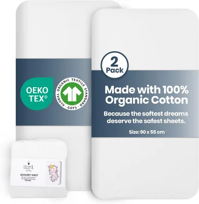 Lilly Belly - Next to me Crib Sheets - 100% Organic Cotton - 135 GSM Jersey Cotton Fitted Crib Sheets - Soft & Cozy Bedside Crib Fitted Sheets - 90 x 55 cm Pack of 2 - White - White / 90 x 55 cm
