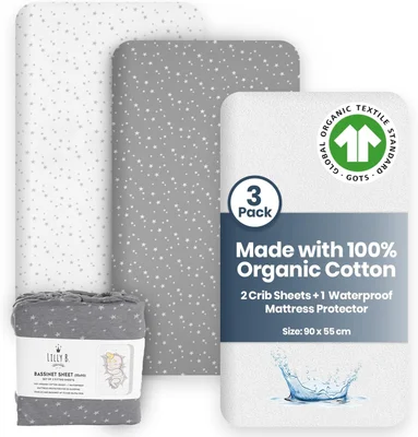 Lilly Belly - Next to me Crib Sheets - Organic Cotton Fitted Crib Sheets | 2+1 Waterproof Protector Compatible with Next to Me Crib, Snuzpod and All Bedside Cribs, bassinets up to 90x55cm Pack of 3.