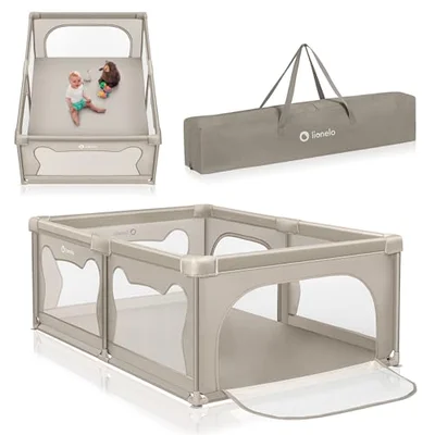 Lionelo Willow Baby Playpen Foldable & Portable, Large 127×187×68 cm Safe Play Yard, Steel Frame with Padded Edges, Breathable Mesh Walls, 2 Zip Doors, Easy Fold Design, Carry Bag, Toddlers 0-4 Years - Beige / 187 x 127 x 68 cm
