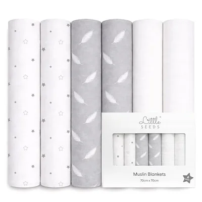 Little Seeds Baby Muslin Cloths 70 x 70cm, 6 Pack | Soft & Absorbent Muslin Squares & Burp Cloths for Newborns | Breathable Baby Cloths - WHITE & GREY - M