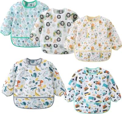 Long Sleeve Bibs 5 Pack Waterproof Sleeved Bib Baby Toddler Soft Bib