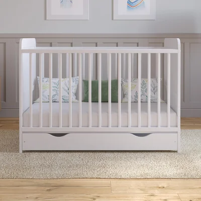 Love For Sleep LEVI Baby Cot Bed 120x60cm - Wooden Convertible Toddler Bed with Large Drawer and Quilted Microfiber Foam Mattress (White) - White