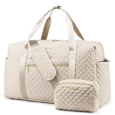 LOVEVOOK Travel Bag for Women, Weekend Overnight Duffle Bags with Cosmetic Bag, Large Waterproof Ladies Holdall for Hospital Maternity, Carry On Flight Womens, Beige