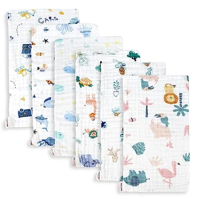 Maliton Muslin Cloths for Baby, 6 Pack Burp Cloths for Baby,100% Cotton 6 Layers Absorbent& Soft& Breathable Baby Muslins Pack,50x25CM Muslin Squares Baby Essentials for Newborn(Animals& Cars, 6 Pack) - Animals and Cars / 50 x 25 cm