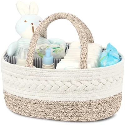 Maliton Nappy Caddy Organiser, Cotton Rope Baby Storage Basket with Removable Divider for Nappy Station, Portable Newborn Essentials Caddy for Changing Table, Nursery, Bedroom& Car, Brown, Large