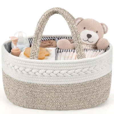 Maliton Nappy Caddy Organiser, Cotton Rope Baby Storage Basket with Removable Divider for Nappy Station, Portable Newborn Essentials Caddy for Changing Table, Nursery, Bedroom& Car - Brown / Large