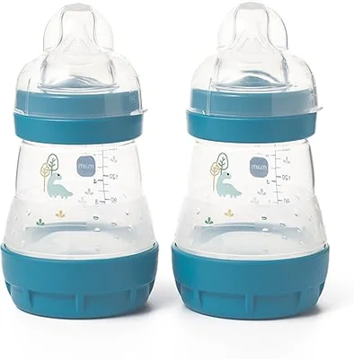 MAM Easy Start Anti-Colic Baby Bottles | 2 Pack (2 x 160ml) | Self-Sterlising Baby Milk Bottle | Slow Flow MAM Teats Size 1 | Newborn Essentials | Blue (Various Designs) - Default
