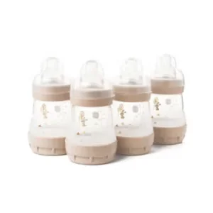 MAM Easy Start Anti-Colic Baby Bottles | 4 Pack (4X 160ml) | Self-Sterilising Baby Milk Bottle | Slow Flow MAM Teats Size 1 + 1x Medium Flow Teat Size 2 | Linen (Various Designs)